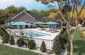 a backyard with a pool and a patio with umbrellas
